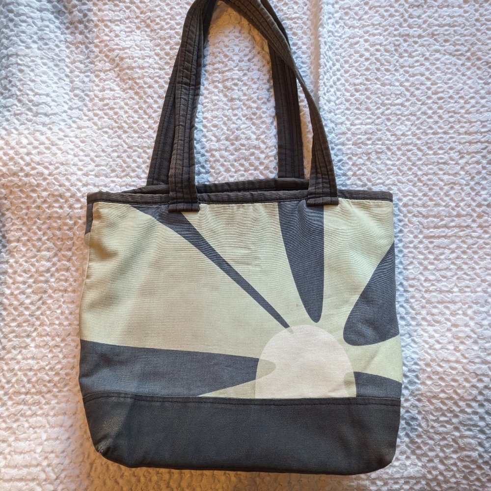 Blue, cream, black hand-made tote with magnet closure